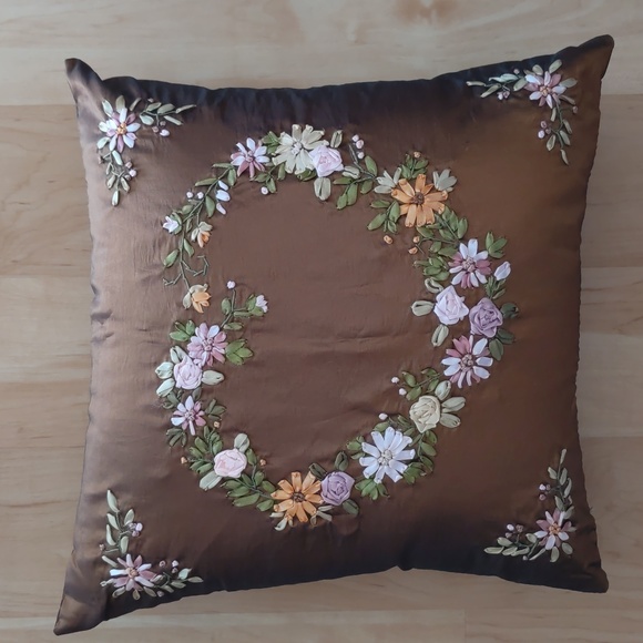 Embroidered Satin Pillow CASE ONLY, throw  cover, 3D floral ribbons, 18" x 18" - Picture 10 of 12